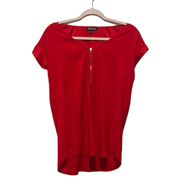 Express Tops - Express Red Short Sleeve Blouse with front zipper detail in gold